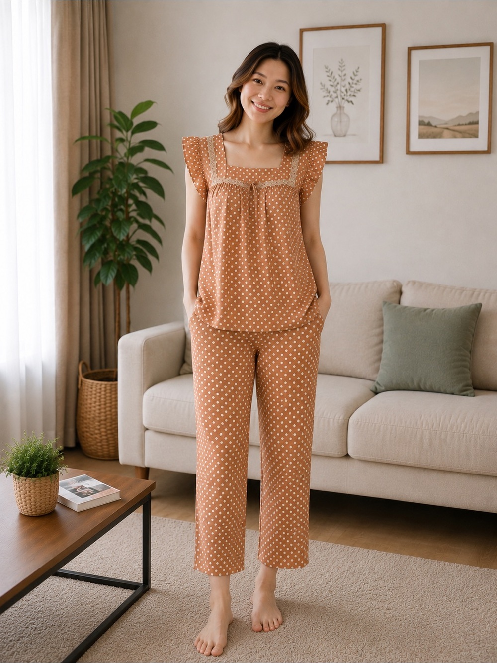 Polka Dot Lace-Trim Pajama Set in Rusty Brown - Women
